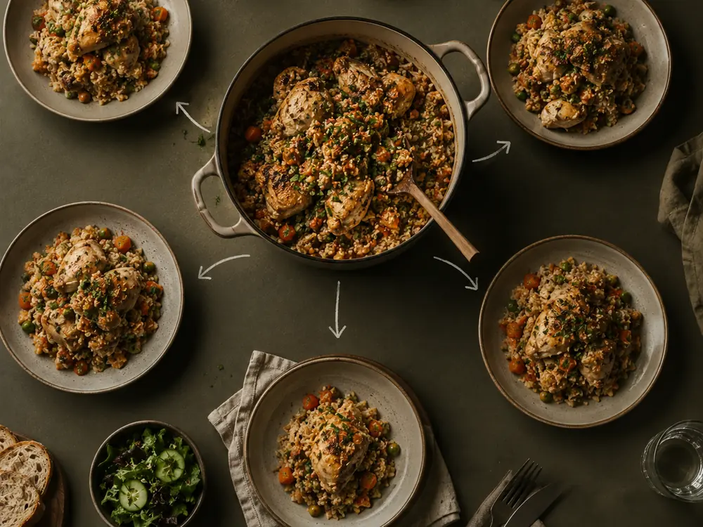 Стол сверху: одна большая кастрюля с курицей и крупой, от неё стрелки к пяти одинаковым тарелкам